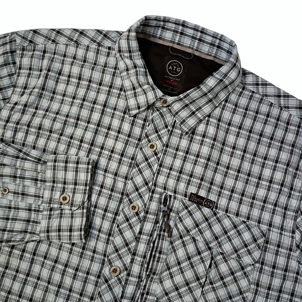Wrangler ATG Shirt Mens LT Blue Black Plaid Vented Roll Tab Sleeves Performance